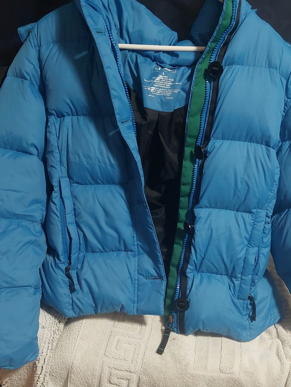 L.L. Bean Bright Blue Puffer Jacket with Green Trim